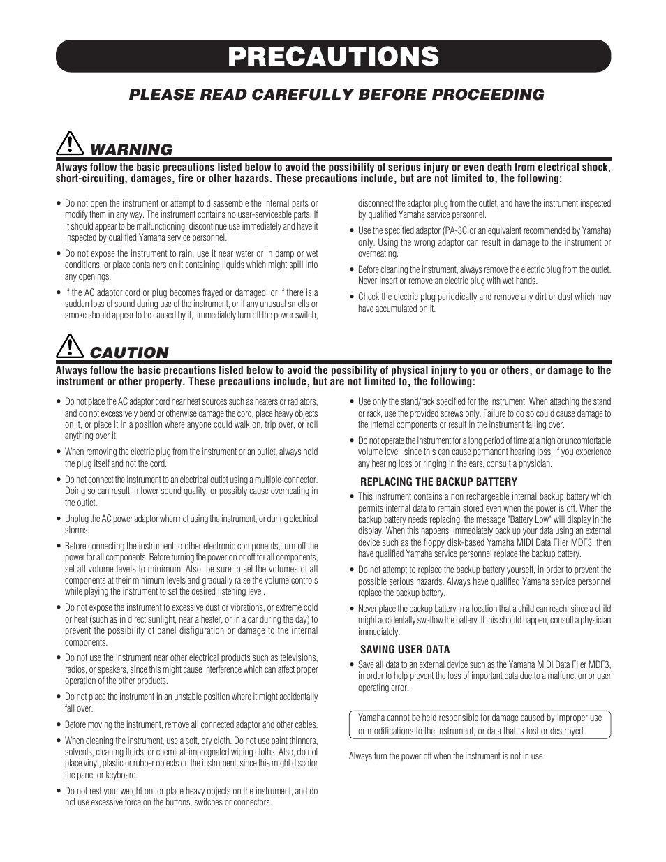 English, Precautions, Please read carefully before proceeding | Warning, Caution | Yamaha DTXPRESS III User Manual | Page 4 / 196