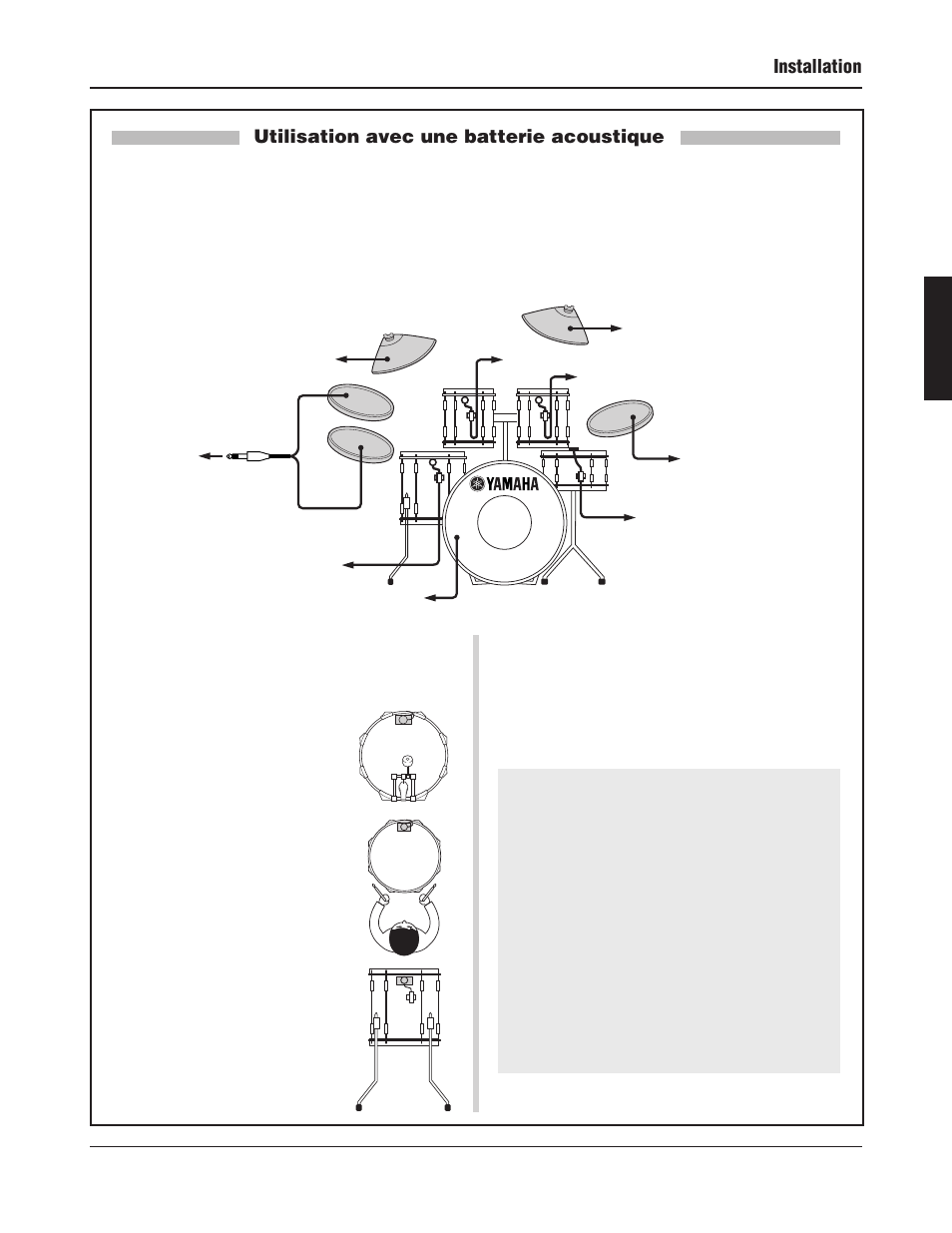 Installation, Utilisation avec une batterie acoustique, 13 ■ enlever les capteurs | Installer les capteurs, Exemple d’une combinaison de batterie et de pads, Soin des capteurs | Yamaha DTXPRESS III User Manual | Page 45 / 196