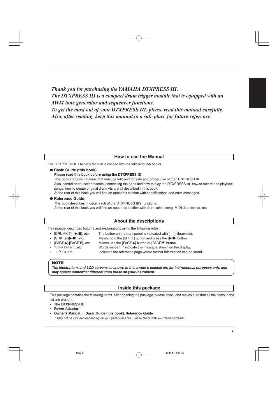 Inside this package, How to use the manual, About the descriptions | Yamaha DTXPRESS III User Manual | Page 5 / 196