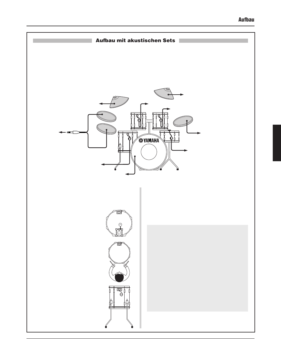 Aufbau, Aufbau mit akustischen sets, 13 ■ trigger-sensoren entfernen | Montieren sie die trigger-sensoren, Zum schutz der trigger-sensoren | Yamaha DTXPRESS III User Manual | Page 77 / 196
