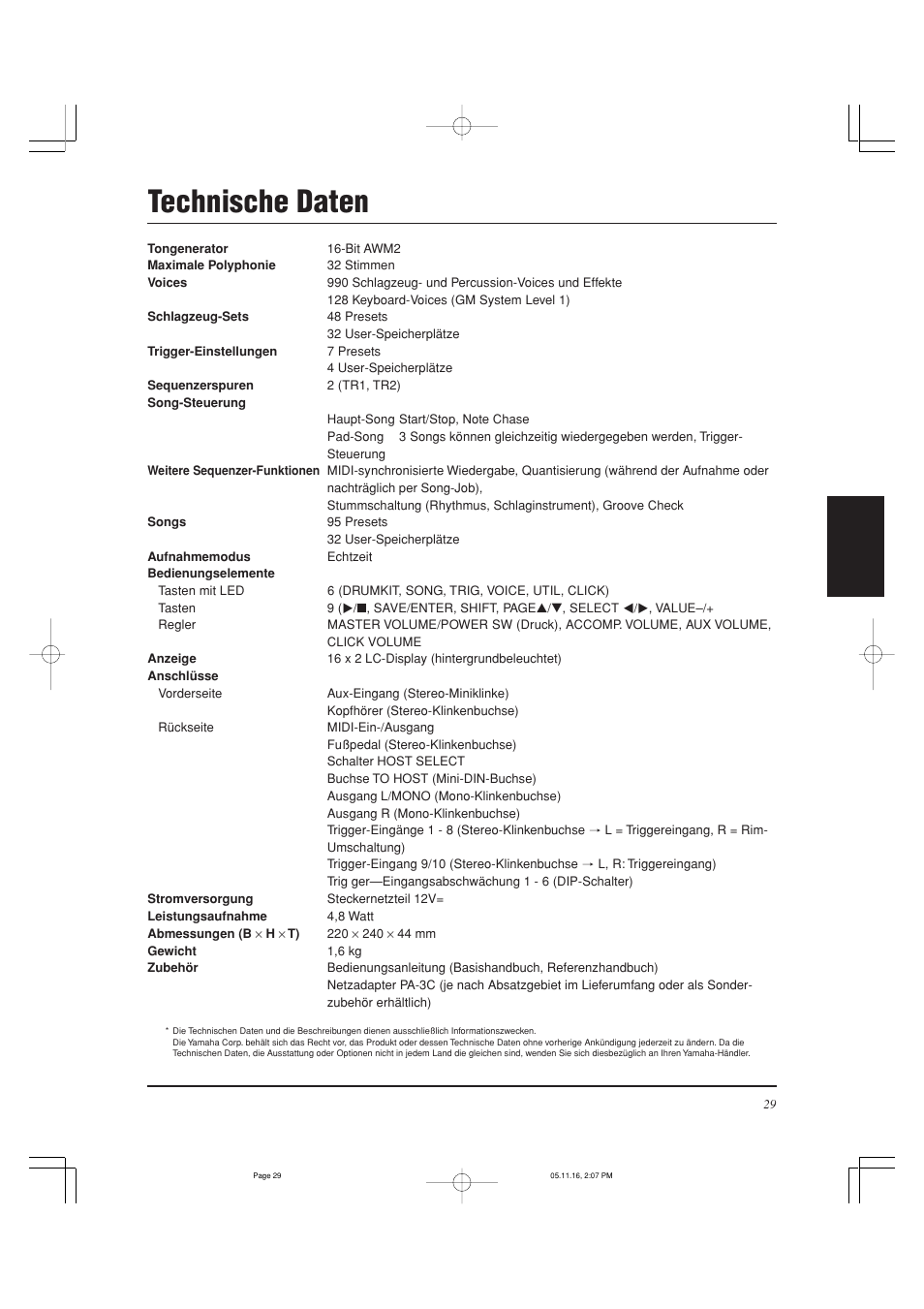 Technische daten | Yamaha DTXPRESS III User Manual | Page 93 / 196