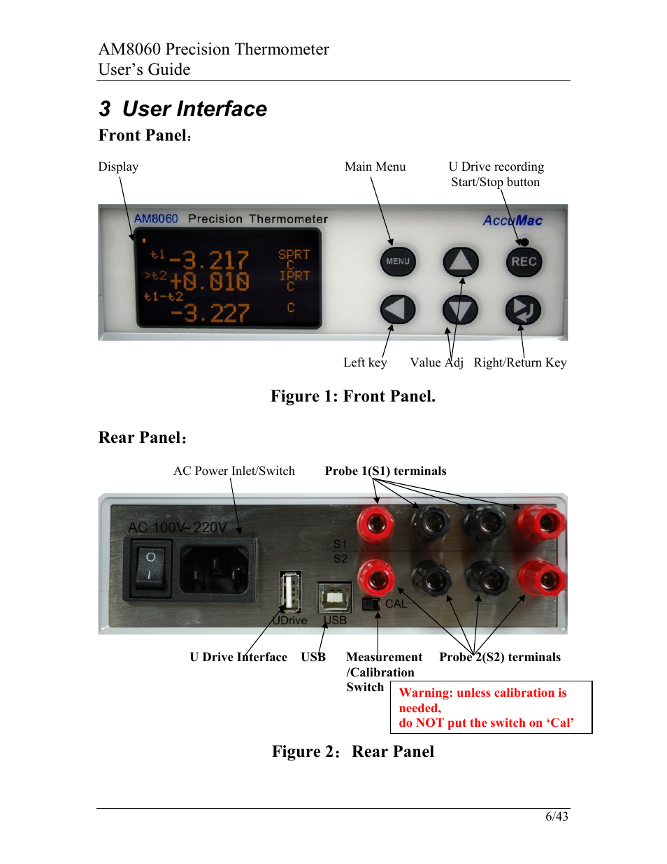 3 user interface, Am8060 precision thermometer user’s guide, Front panel | Figure 1: front panel. rear panel, Figure 2：rear panel | AccuMac AM8060 User Manual | Page 7 / 43