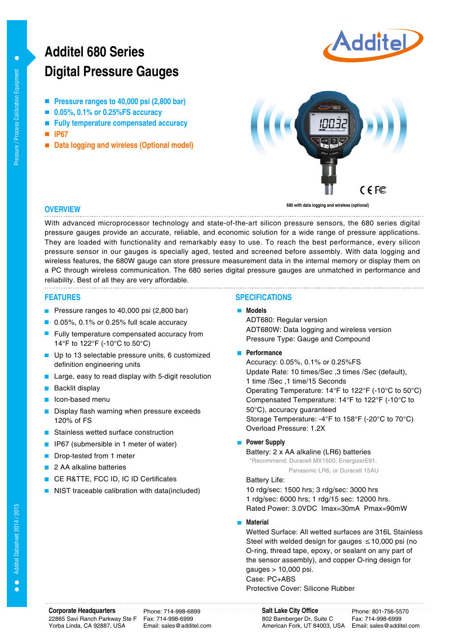 Additel 680 Digital Pressure Gauges Datasheet User Manual | 2 pages