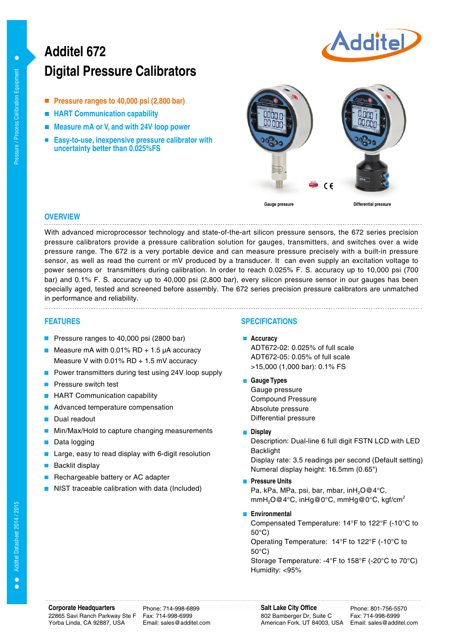 Additel 672 series Digital Pressure Calibrators Datasheet User Manual | 3 pages