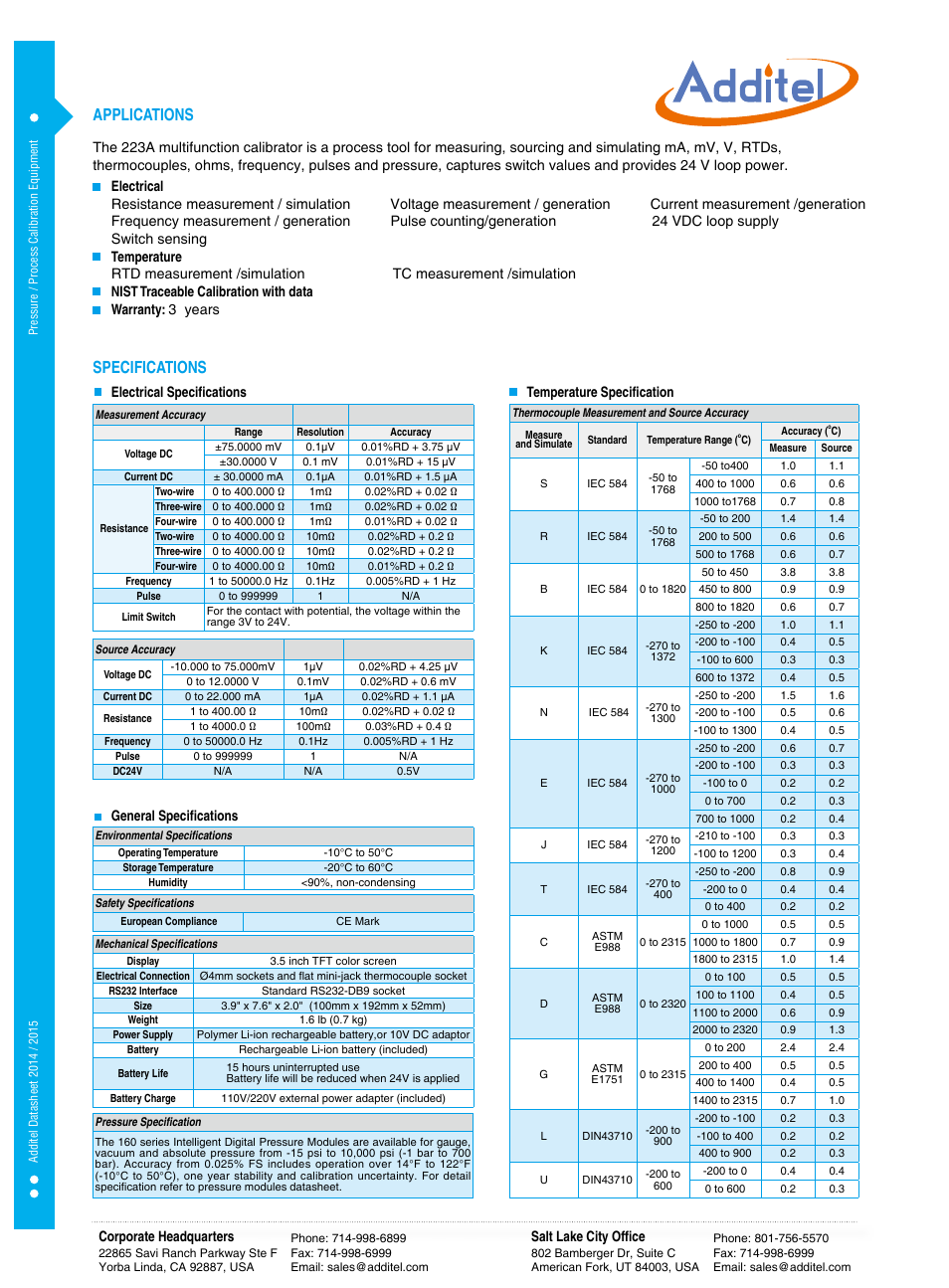 Applications, Specifications | Additel 223A Documenting Process Calibrator Datasheet User Manual | Page 2 / 3