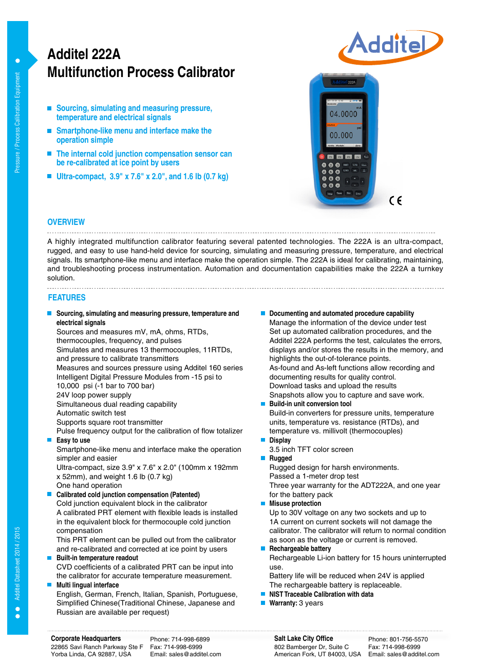 Additel 222A Multifunction Process Calibrator Datasheet User Manual | 3 pages