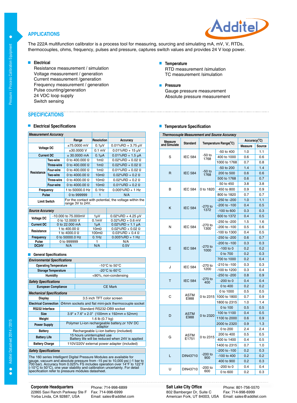 Applications specifications | Additel 222A Multifunction Process Calibrator Datasheet User Manual | Page 2 / 3