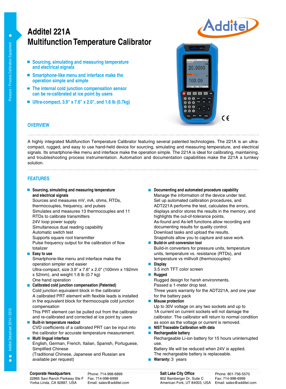 Additel 221A Multifunction Temperature Calibrator Datasheet User Manual | 3 pages