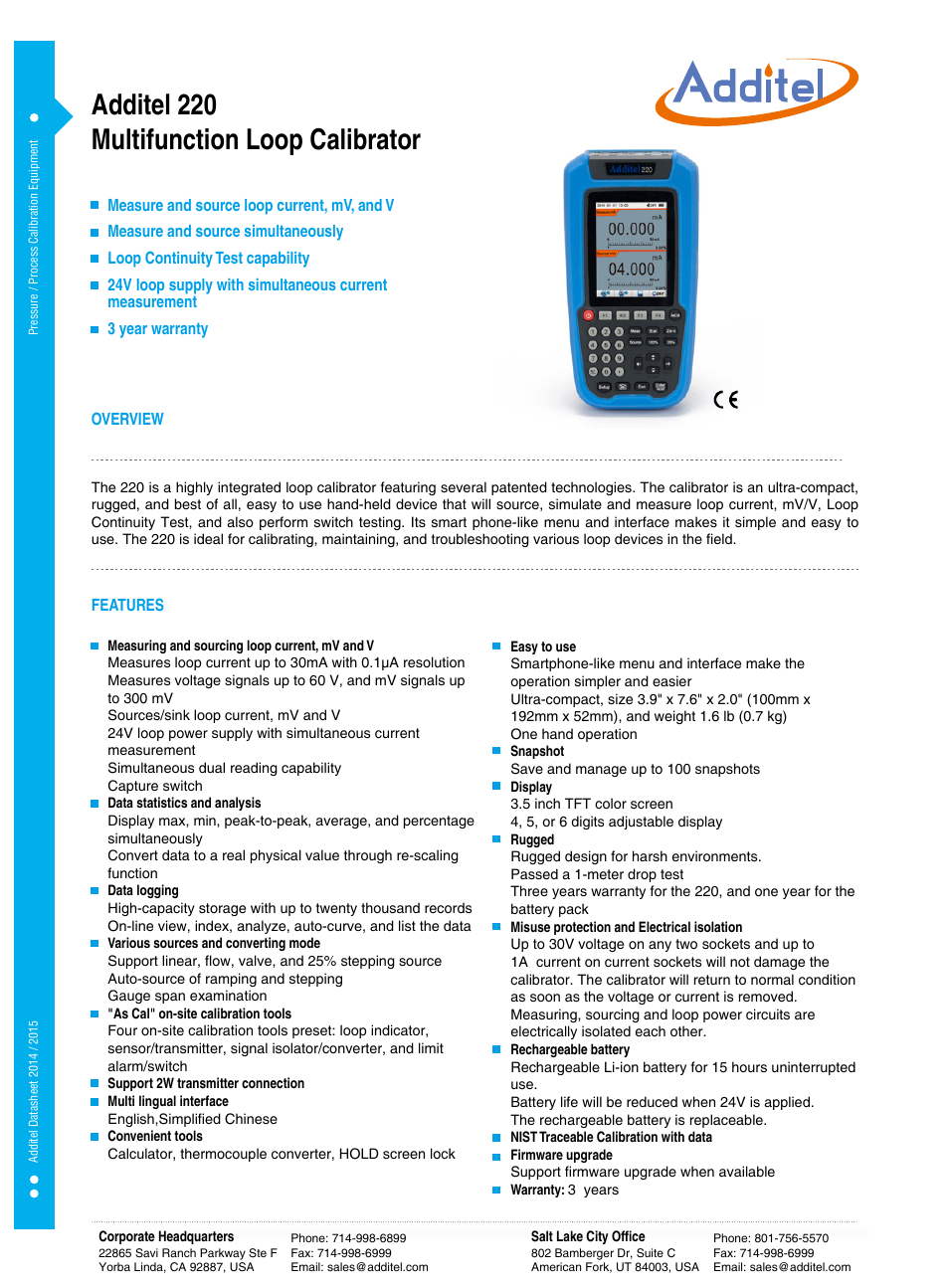 Additel 220 Multifunction Loop Calibrator Datasheet User Manual | 2 pages