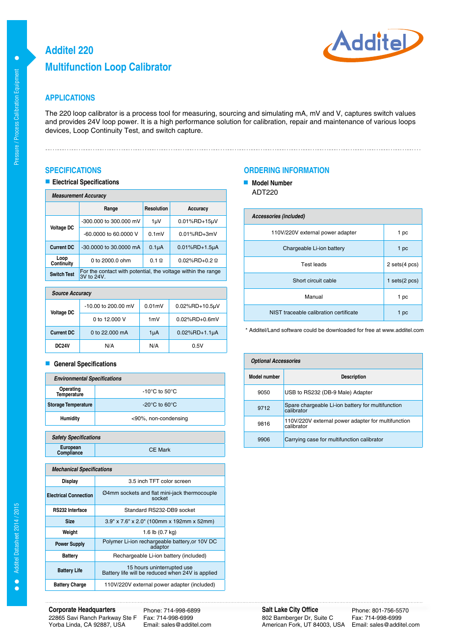 Multifunction loop calibrator additel 220, Applications specifications ordering information | Additel 220 Multifunction Loop Calibrator Datasheet User Manual | Page 2 / 2