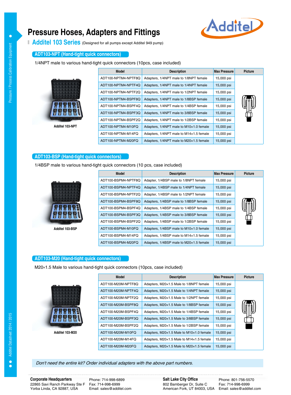 Pressure hoses, adapters and fittings, Additel 103 series, Adt103-npt (hand-tight quick connectors) | Adt103-bsp (hand-tight quick connectors) | Additel 100 series Datasheet User Manual | Page 2 / 3