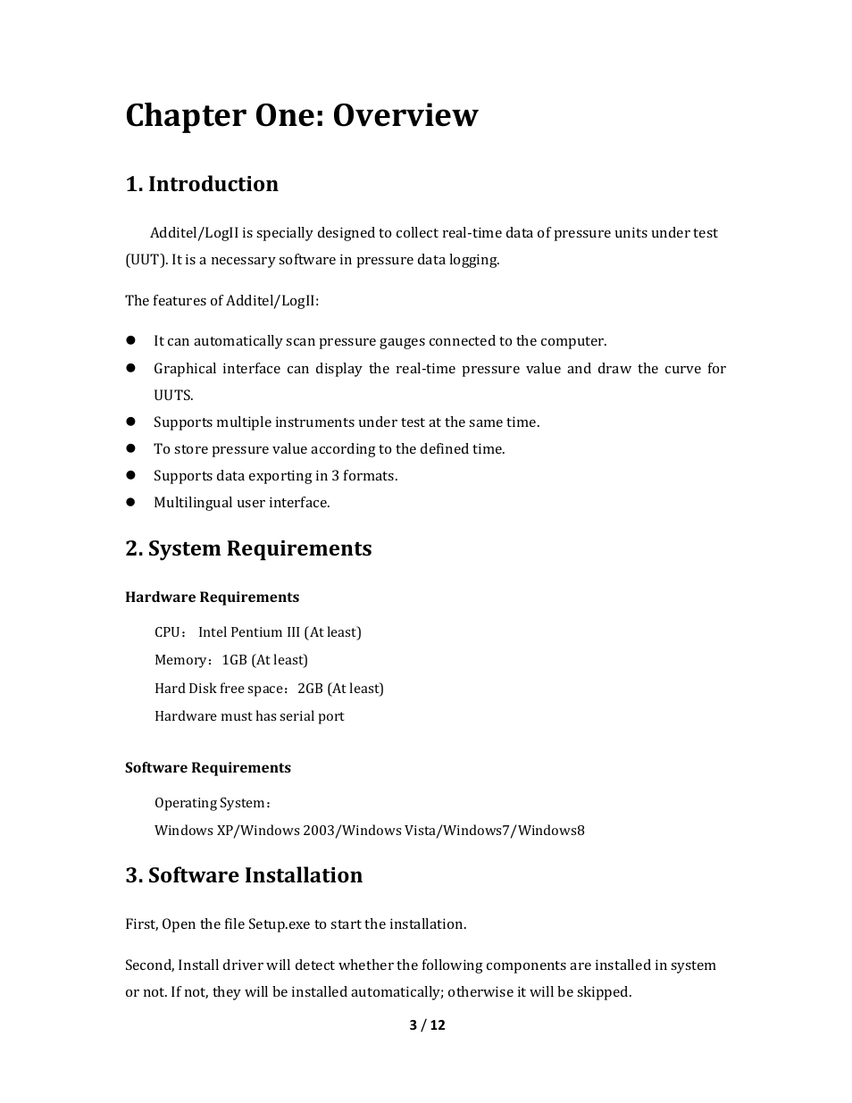Chapter one: overview, Introduction, System requirements | Software installation | Additel LogII User Manual User Manual | Page 3 / 12