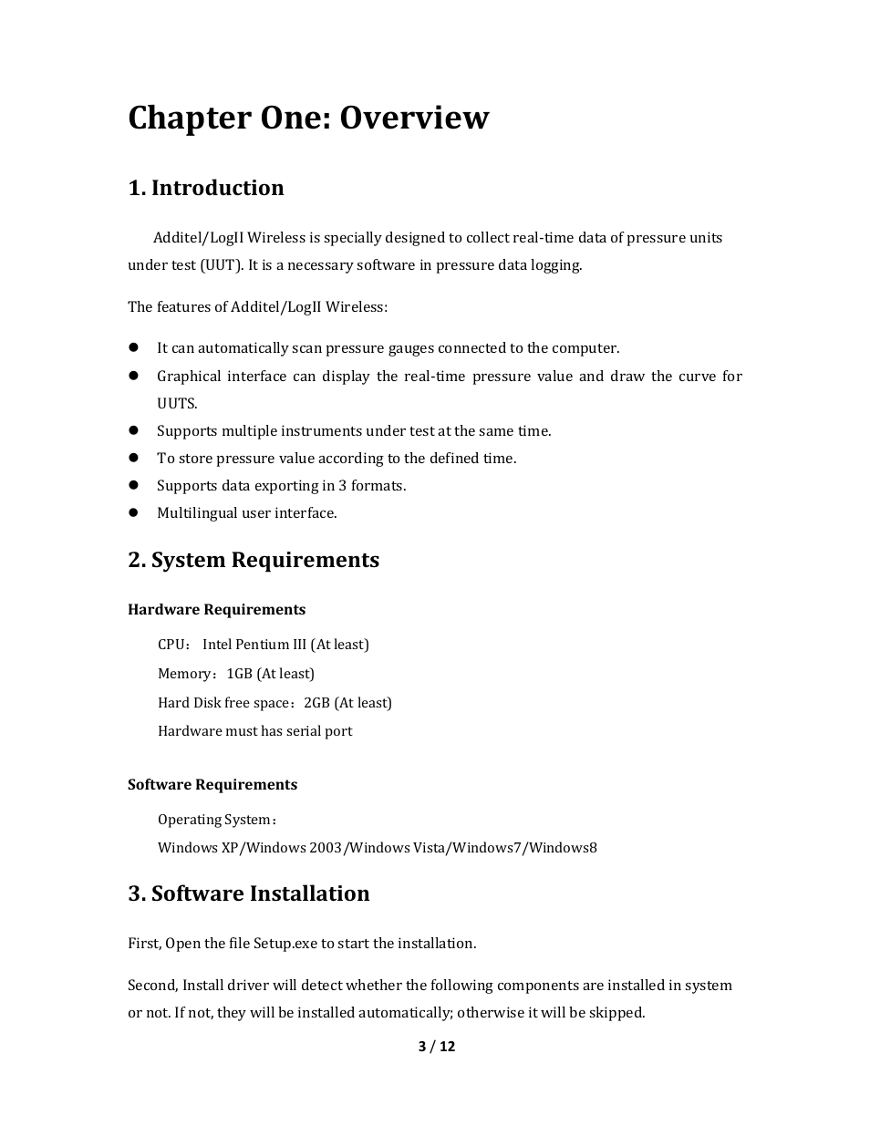 Chapter one: overview, Introduction, System requirements | Software installation | Additel LogII Wireless User Manual User Manual | Page 3 / 12