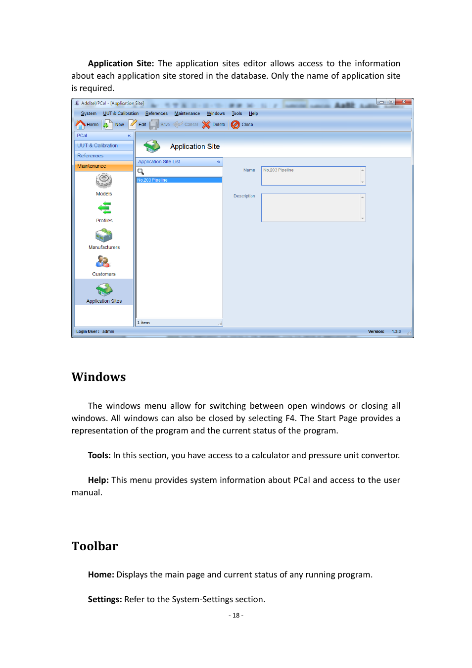 Windows, Toolbar | Additel PCal User Manual User Manual | Page 19 / 35