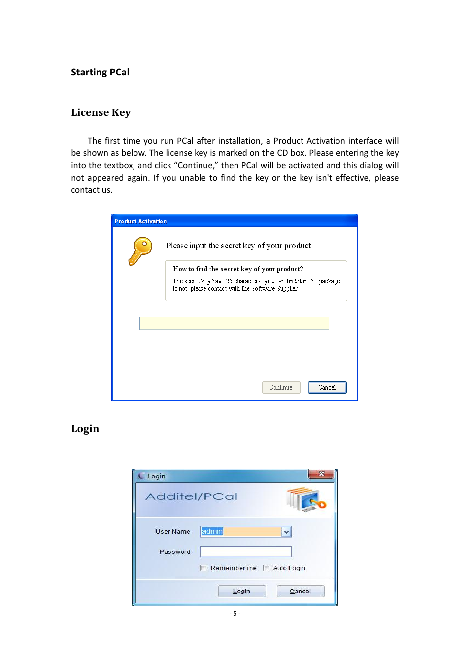 Starting pcal, License key, Login | Starting pcal license key | Additel PCal User Manual User Manual | Page 6 / 35
