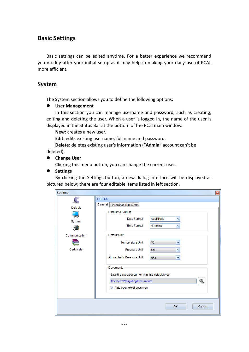 Basic settings, System | Additel PCal User Manual User Manual | Page 8 / 35