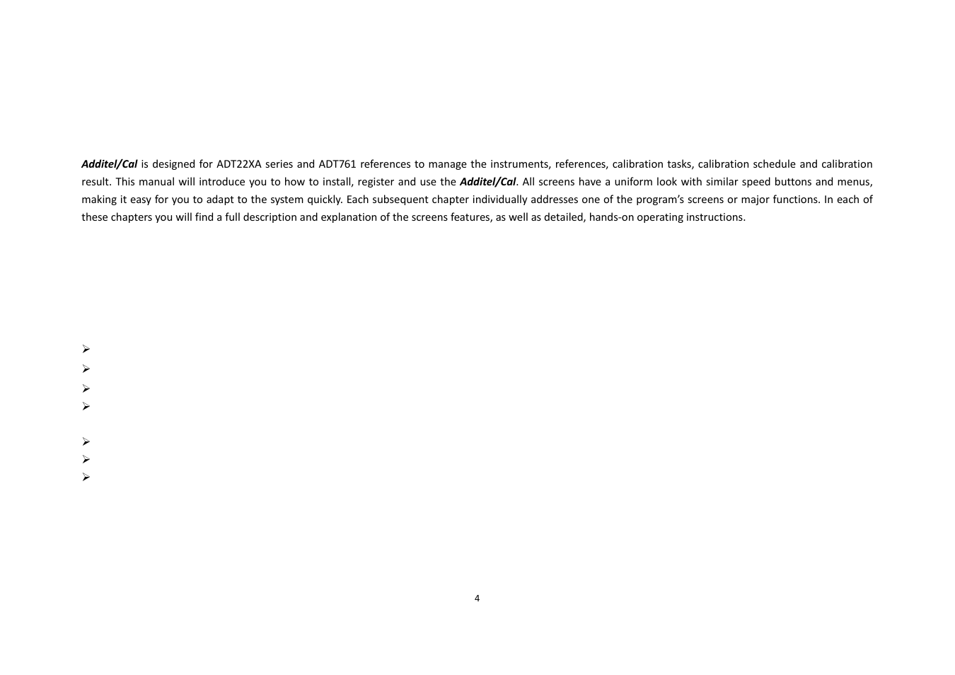 Chapter 1 introduction, Chapter 2 installation | Additel Cal User Manual User Manual | Page 4 / 31