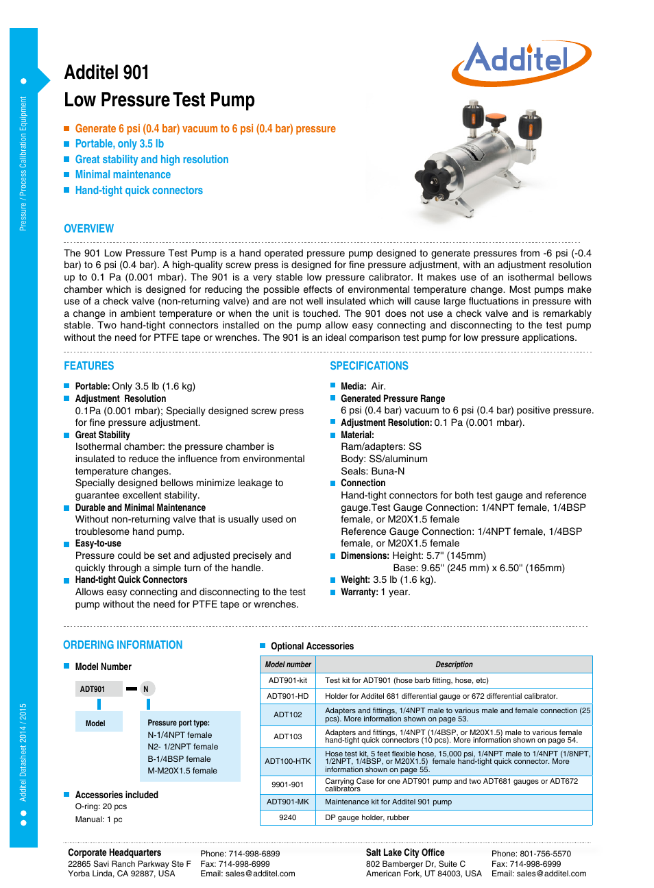 Additel 901 Low Pressure Test Pump Datasheet User Manual | 1 page