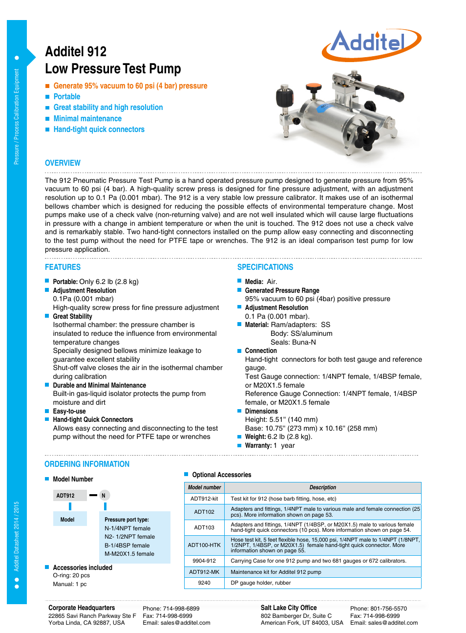 Additel 912 Low Pressure Test Pump Datasheet User Manual | 1 page