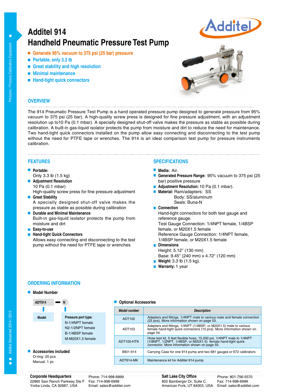 Additel 914 Handheld Pneumatic Pressure Test Pump Datasheet User Manual | 1 page