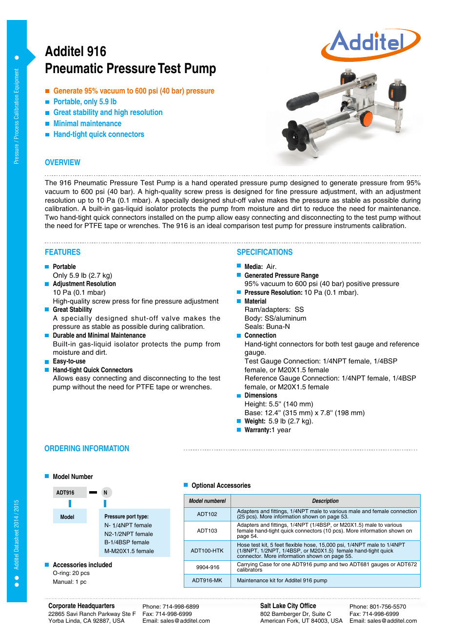 Additel 916 Pneumatic Pressure Test Pump Datasheet User Manual | 1 page