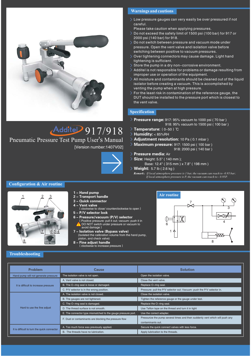 Additel 918 Pneumatic Pressure Test Pump User Manual User Manual | 2 pages
