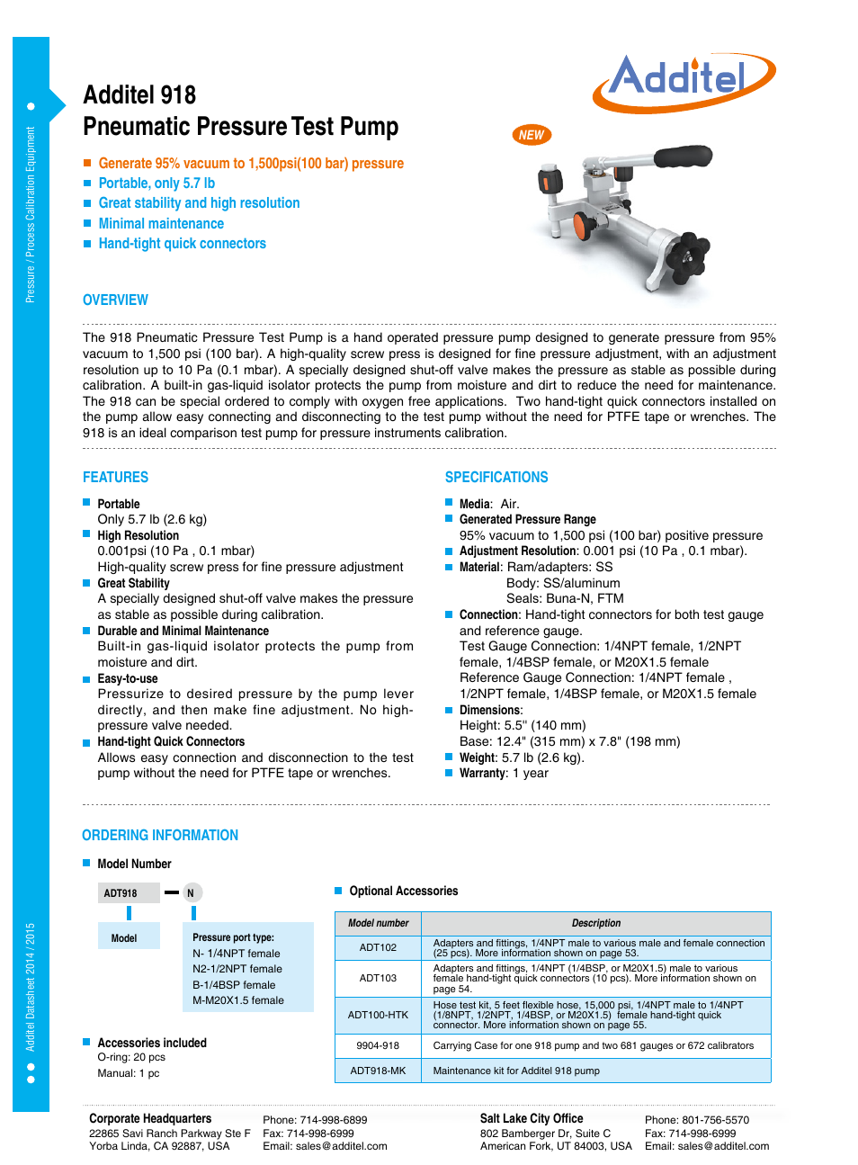 Additel 918 Pneumatic Pressure Test Pump Datasheet User Manual | 1 page