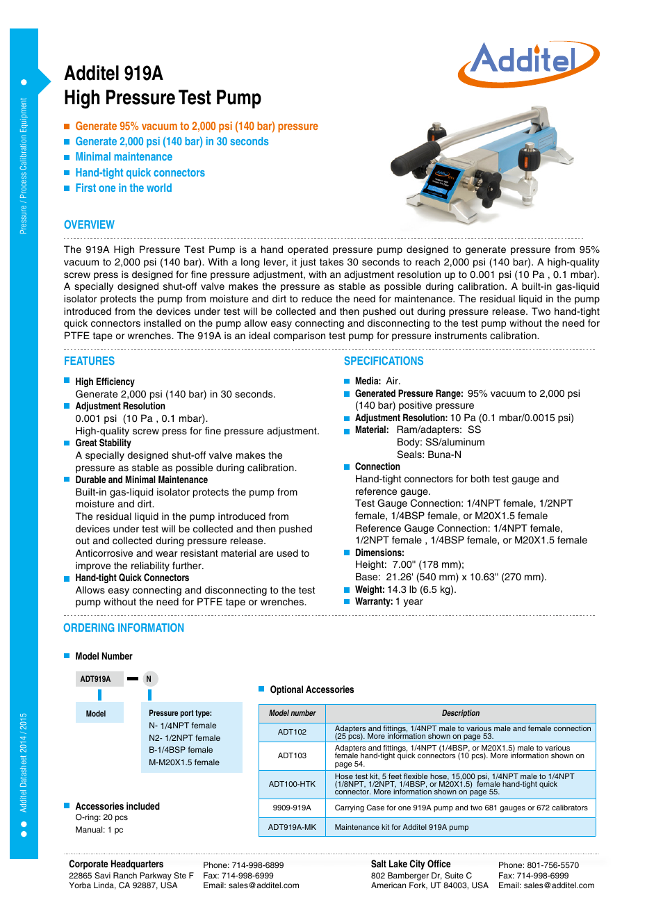 Additel 919 Pneumatic High Pressure Test Pump Datasheet User Manual | 1 page