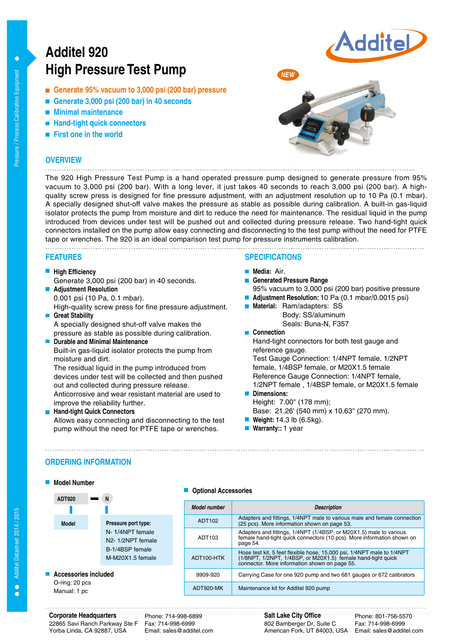 Additel 920 Pneumatic High Pressure Test Pump Datasheet User Manual | 1 page