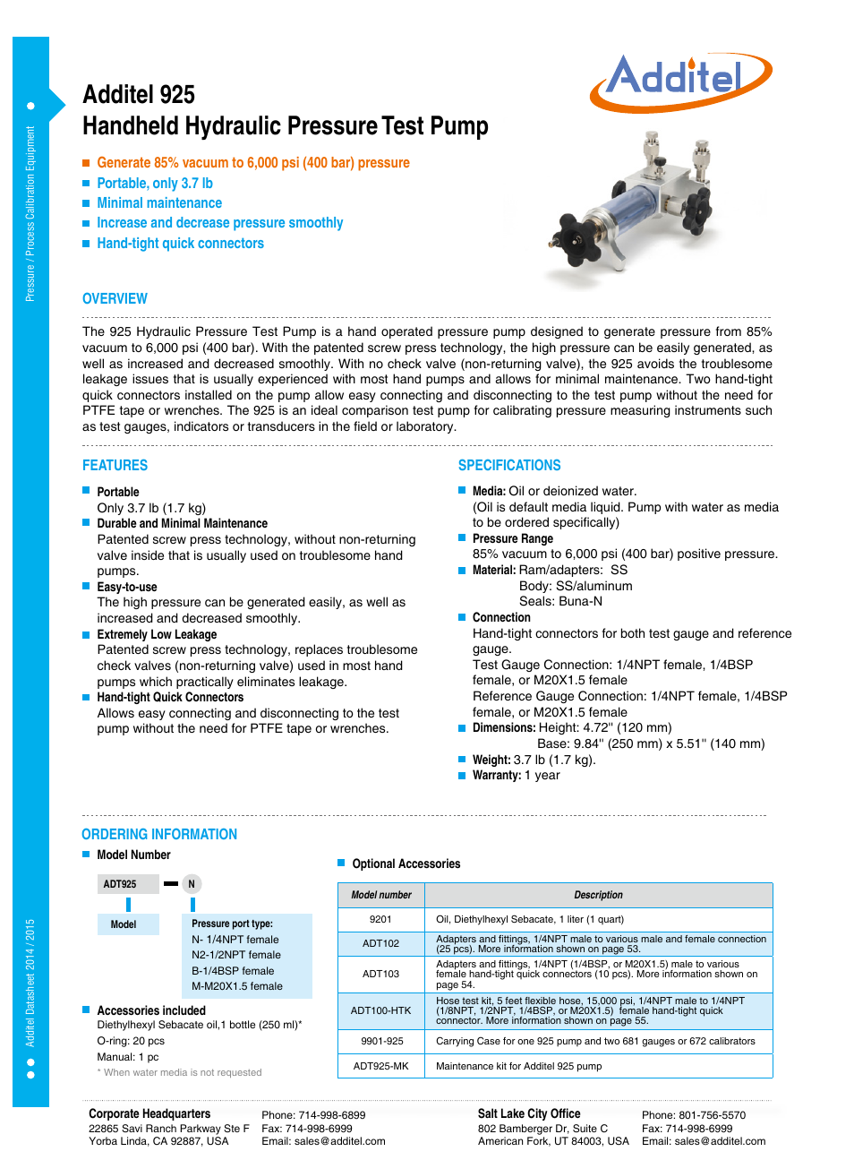 Additel 925 Handheld Hydraulic Pressure Test Pump Datasheet User Manual | 1 page