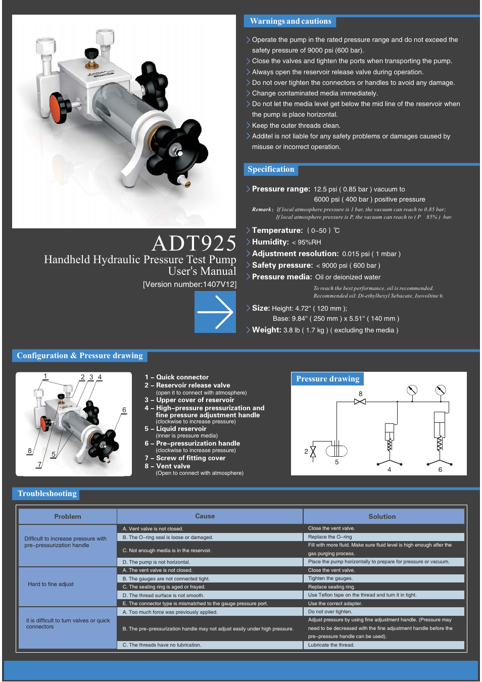 Additel 925 Handheld Hydraulic Pressure Test Pump User Manual User Manual | 2 pages