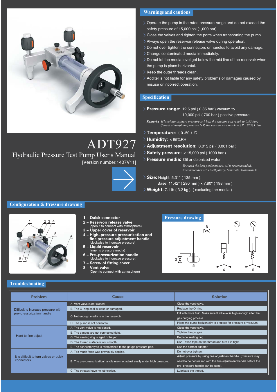 Additel 927 Hydraulic Pressure Test Pump User Manual User Manual | 2 pages