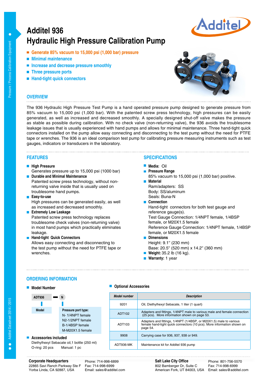 Additel 936 Hydraulic Pressure Calibration Pump Datasheet User Manual | 1 page