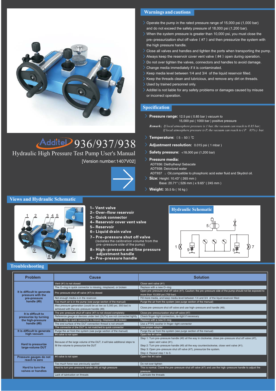 Additel 938 Hydraulic Pressure Calibration Pump (oil-free) User Manual User Manual | 2 pages