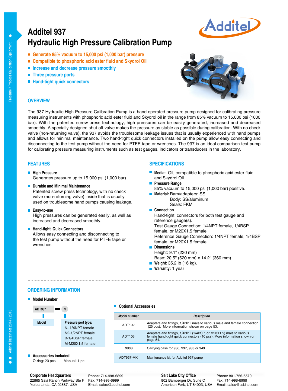 Additel 937 Hydraulic High Pressure Calibration Pump Datasheet User Manual | 1 page