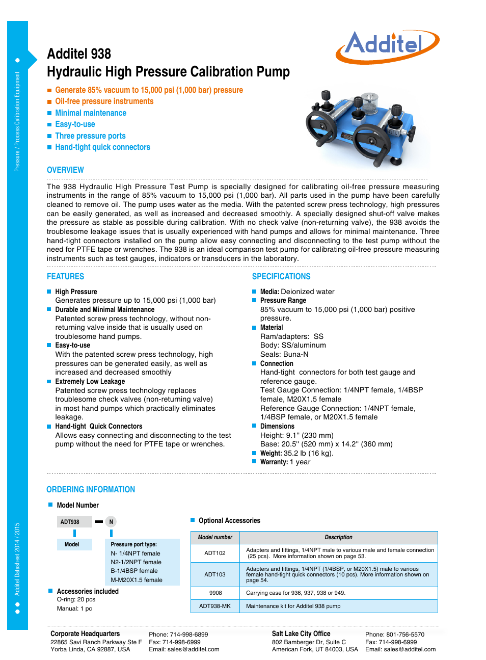 Additel 938 Hydraulic Pressure Calibration Pump (oil-free) Datasheet User Manual | 1 page