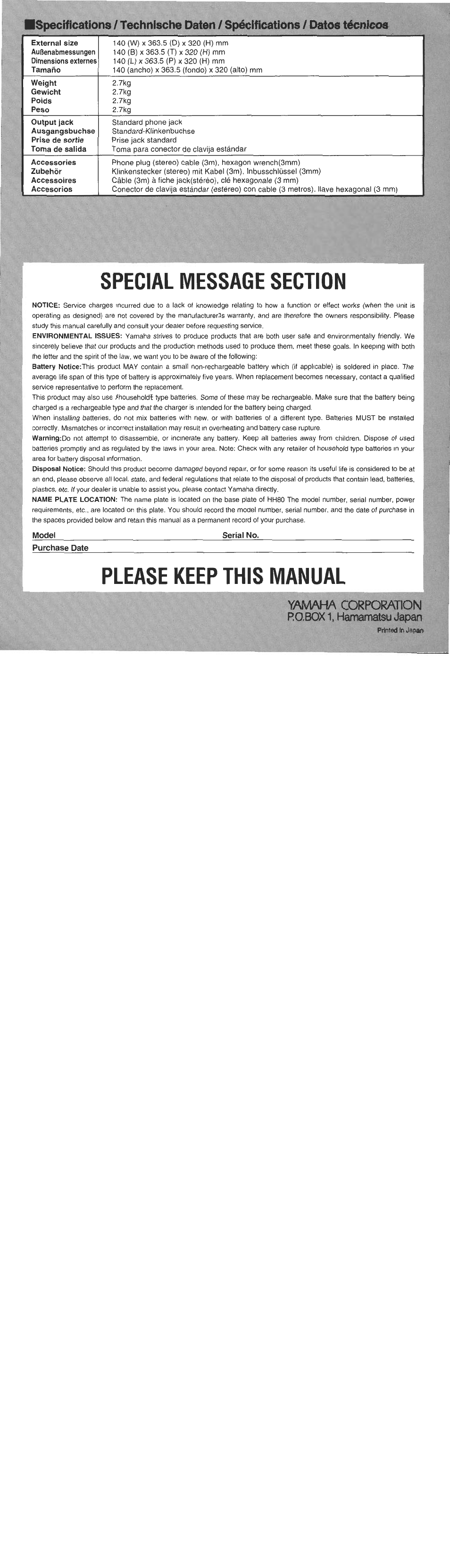 Yamaha corporation, Please keep this manual, Yamaha corporation p.o.box 1, hamamatsu japan | Yamaha HH80 User Manual | Page 4 / 4