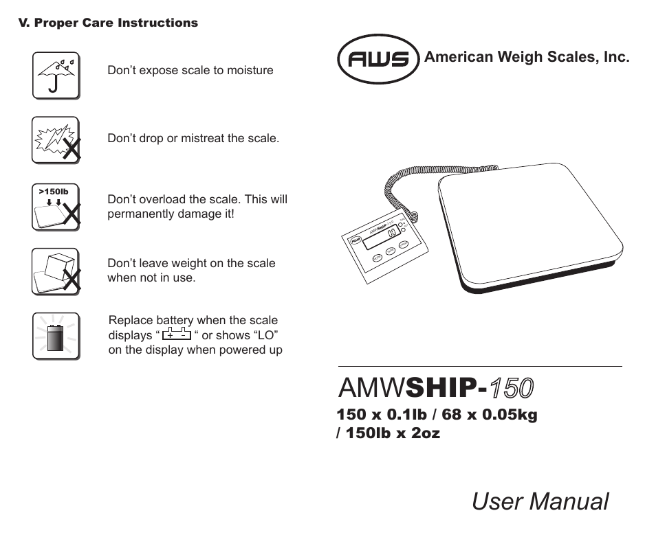 American Weigh Scales AMWSHIP-150 User Manual | 2 pages