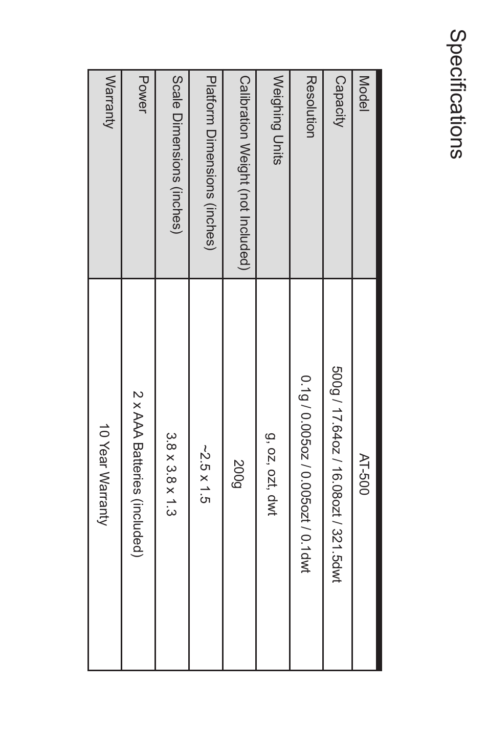 Specifications | American Weigh Scales AT-500 User Manual | Page 5 / 5