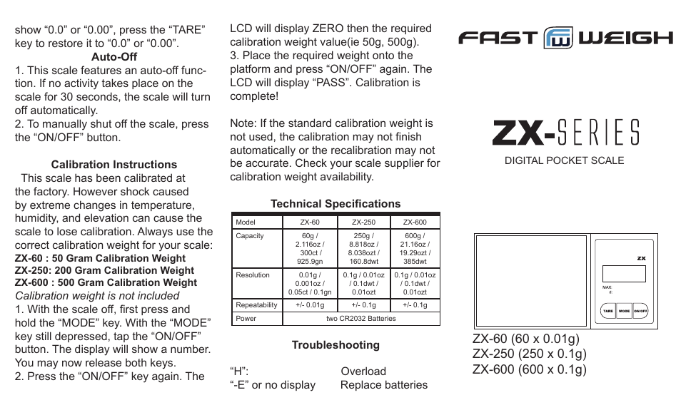 American Weigh Scales ZX-600 User Manual | 2 pages