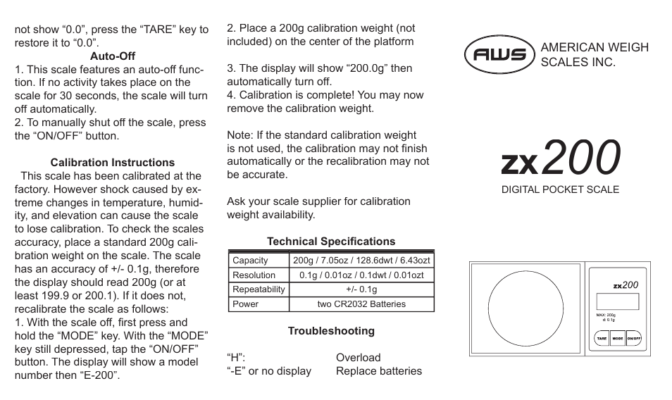 American Weigh Scales ZX-200 User Manual | 2 pages