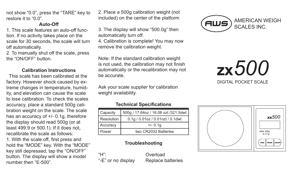 American Weigh Scales ZX-500 User Manual | 2 pages