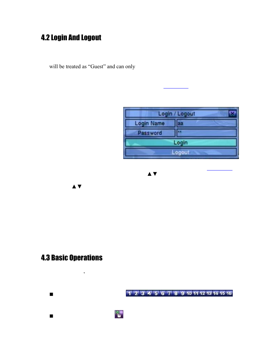 2 login and logout, 3 basic operations | Aposonic A-S1604R20A User Manual | Page 23 / 121