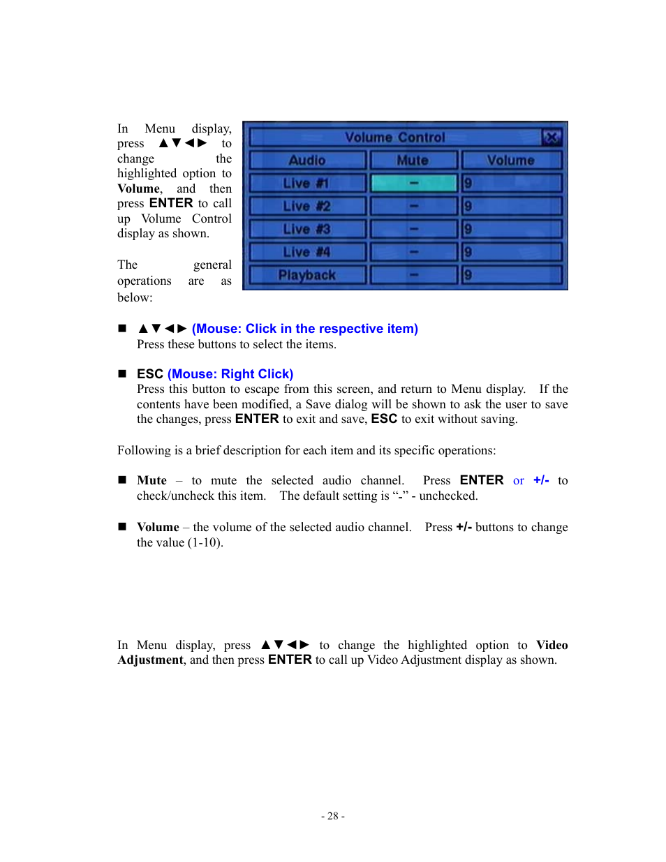 2 volume control, 3 video adjustment | Aposonic A-S1602R20B User Manual | Page 28 / 120