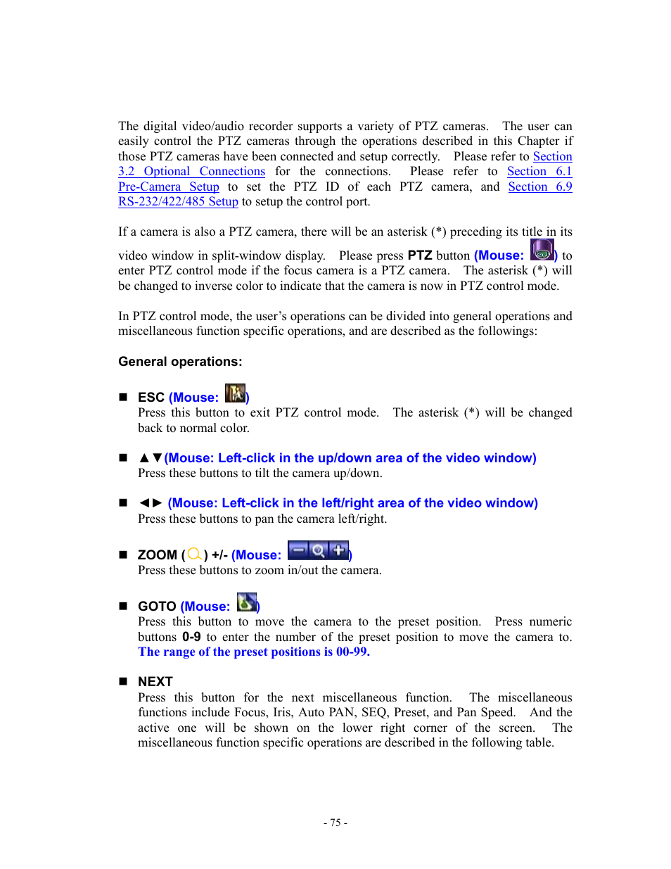 Ptz control | Aposonic A-S1602R20B User Manual | Page 75 / 120