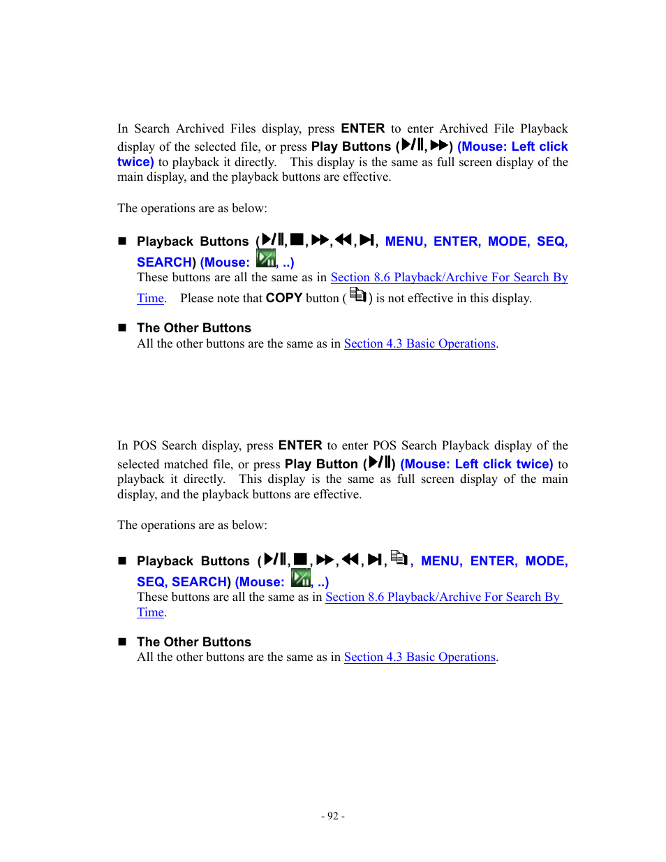 9 playback for archived files, 10 playback/archive for pos search, Section 8.10 playback/archive for pos search | Aposonic A-S1602R20B User Manual | Page 92 / 120