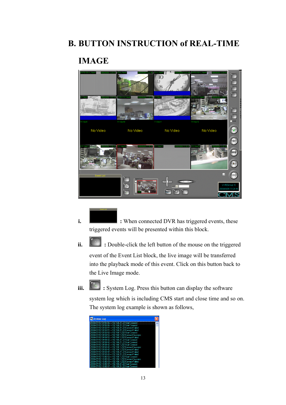 B. button instruction of real-time image | Aposonic A-S1604R4 User Manual | Page 13 / 30