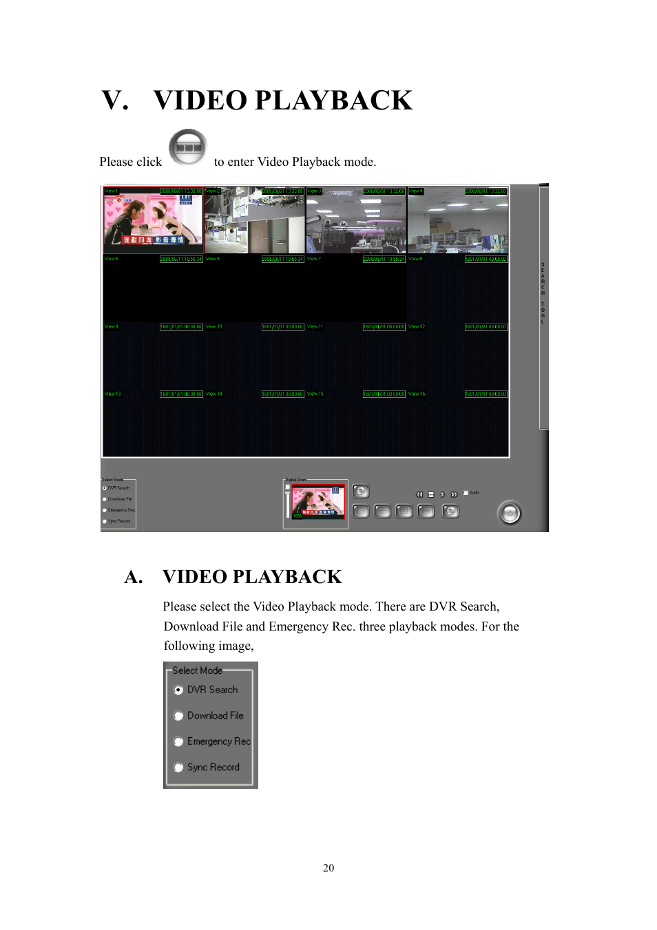 V. video playback, A. video playback | Aposonic A-S1604R4 User Manual | Page 20 / 30