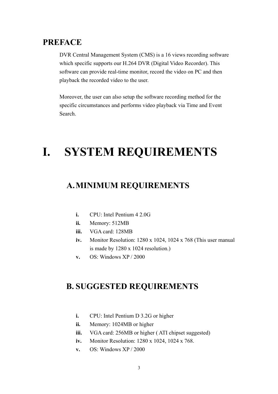 I. system requirements, Preface, A. minimum requirements | B. suggested requirements | Aposonic A-S1604R4 User Manual | Page 3 / 30