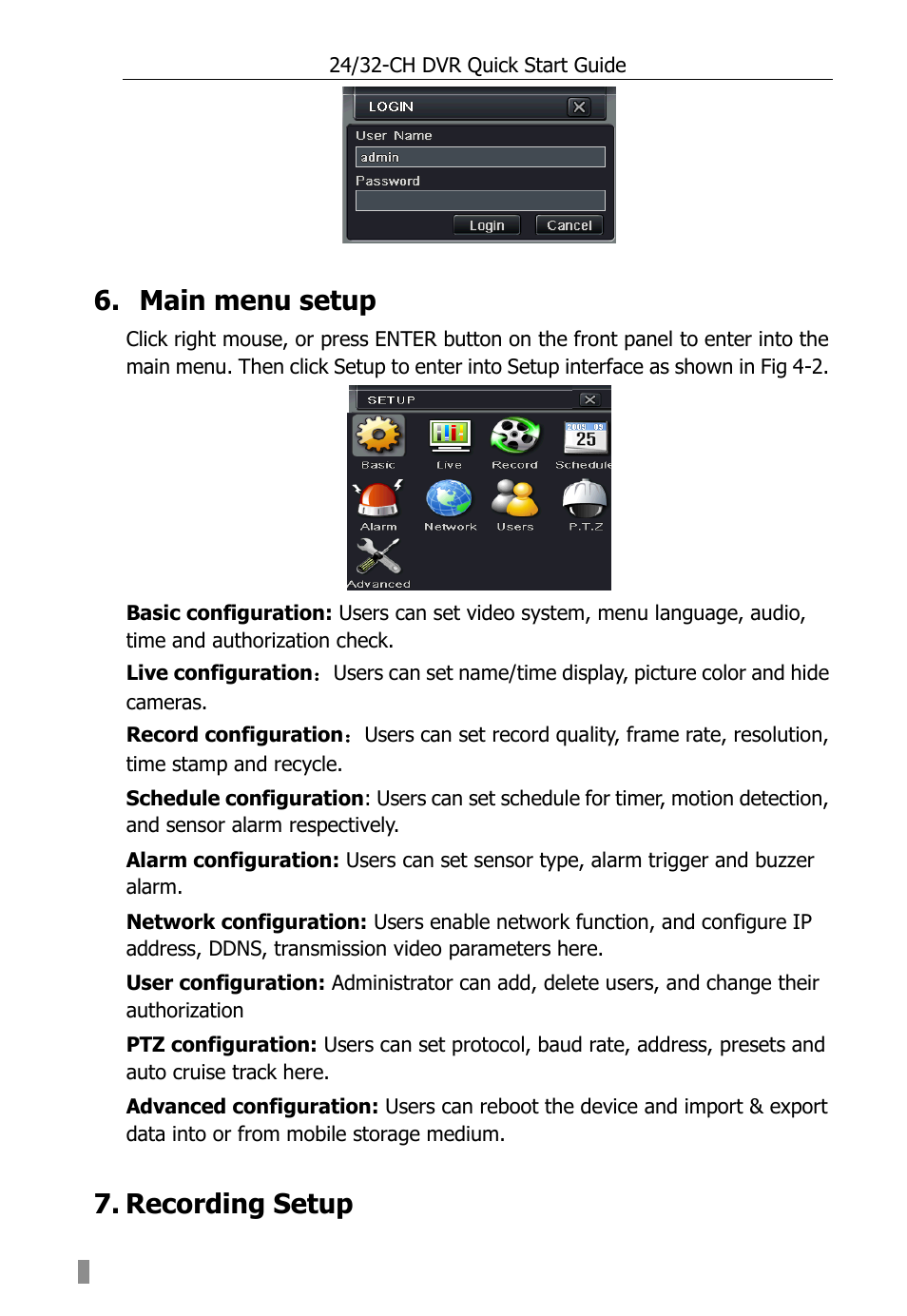 Main menu setup, Recording setup | Aposonic A-S3216T3 User Manual | Page 8 / 15
